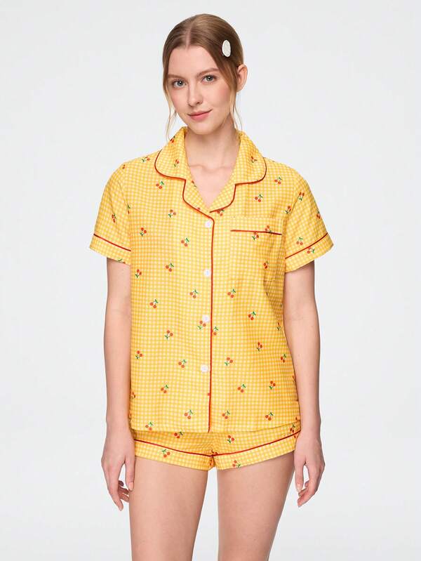 Bonmuse Pink Plaid Cherry Print Shirt-Style Open Front Lapel Short Sleeve Shorts Women's Pajama Set