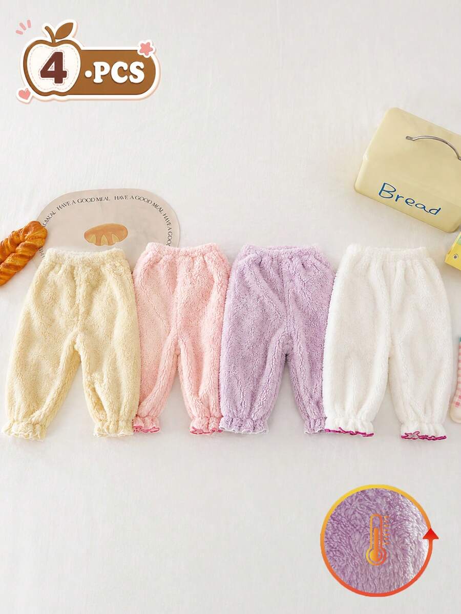 SHEIN 女嬰秋冬極簡純色長褲,可愛糖果色毛絨風,鬆緊腰頭,褲腳對比色線條設計,4件套,適合外出、日常穿著、上學 - 彩色 - 查看 1