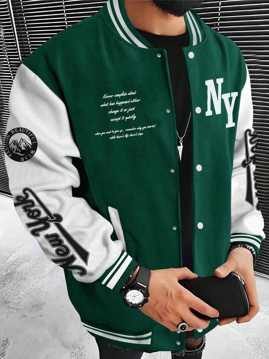 Manfinity Roughcore Men's Colorblock Patchwork Slogan Print Jacket Birthday Boxing Green Autumn Streetwear - Multicolor - View 1