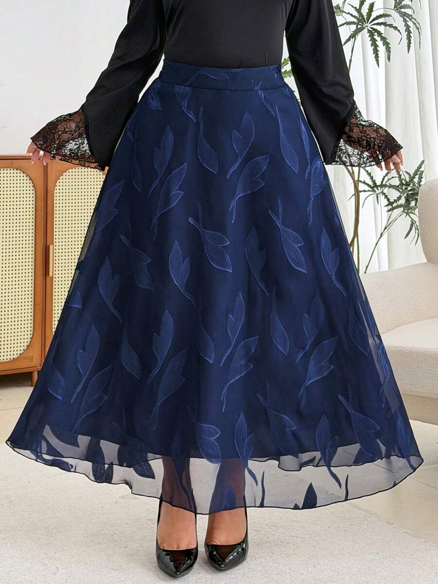 Modelyn Elegant Romantic Solid Color Chiffon Jacquard A-Line Regular Spring/Autumn Plus Size Skirt - Navy Blue - View 1