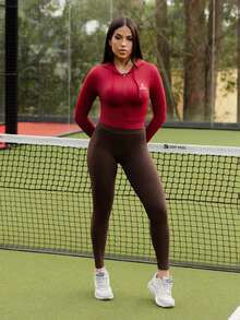 Maju Mazalli Women's Dark Red Winter Athletic Gym Zip Up Sports Jacket,Long Sleeve Crop Yoga,Stretch Slim Fit Workout Top,Activewear With Thumb Holes,Compression - Burgundy - View 6