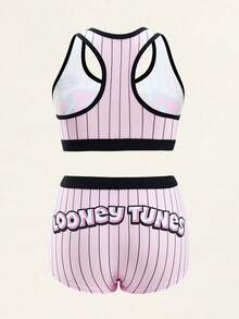 LOONEY TUNES X SHEIN 女款字母條紋休閒背心內衣套裝 - 粉色 - 查看 2