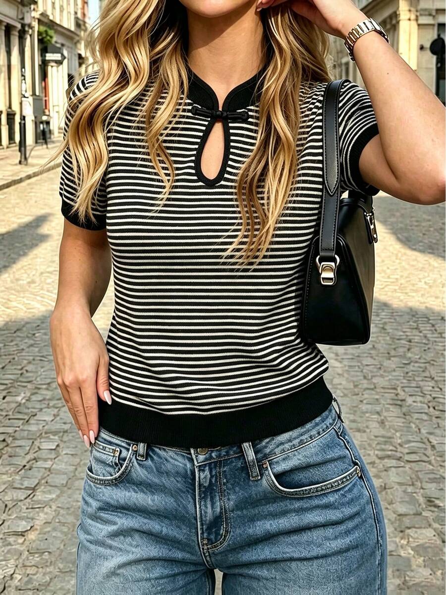 SHEIN Women's Elegant Classic Black And White Striped Knit Contrast Color Short Sleeve Small Stand Collar New Chinese Style Frog Button T-Shirt, Suitable For Dating, Daily Life, Gathering, Outdoor, Commute, Street And Home Occasions, Graduation Season, Fashion Casual Commute Wear, Business Office Wear, Daily Casual Wear, Urban Teacher Professional Wear. - Black - View 1