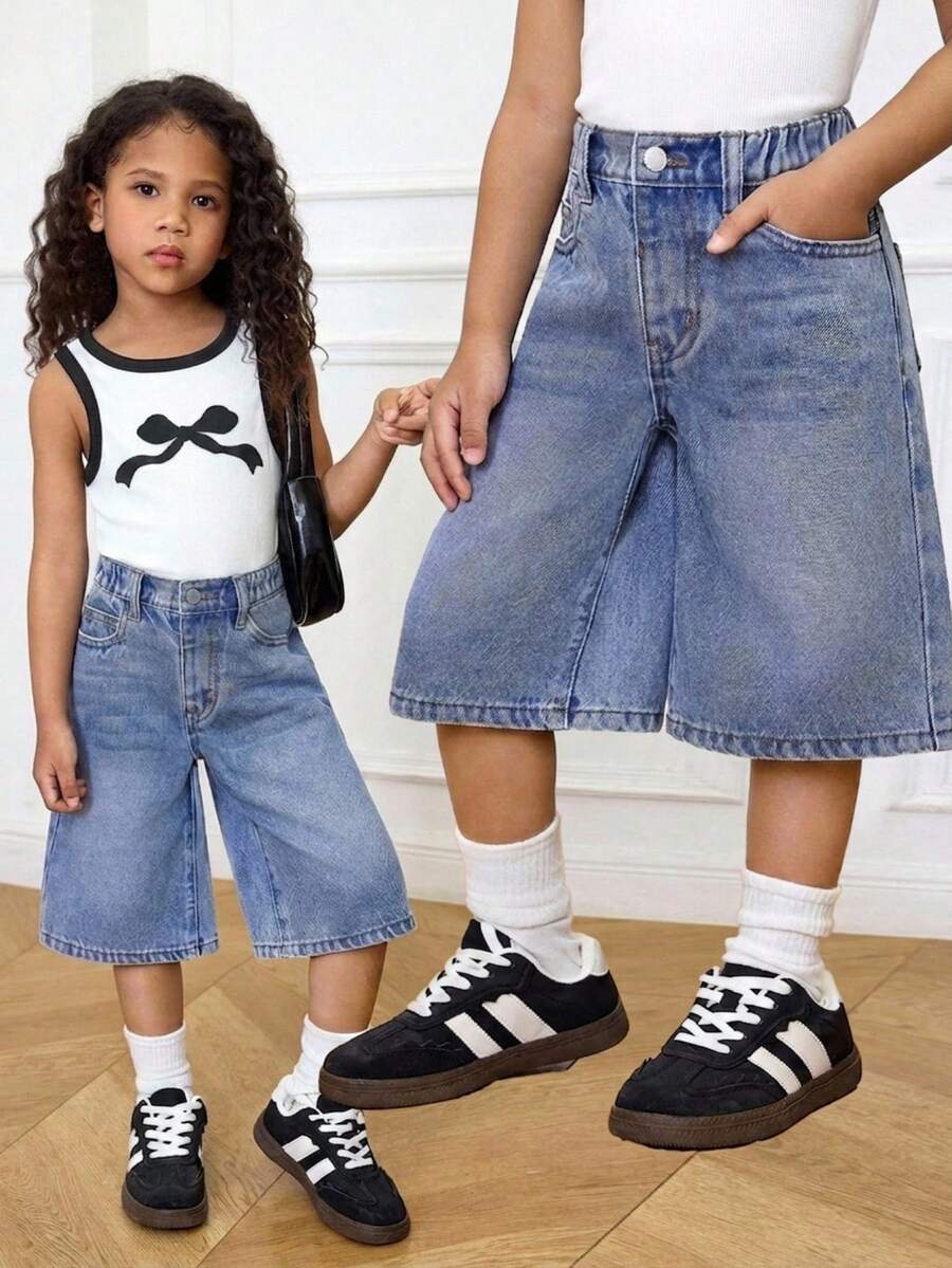 SHEIN Celana Denim Biru 3/4 Gaya Y2K untuk Anak Perempuan, Pakaian Kasual Musim Semi dan Musim Panas untuk Liburan Gaya Pedesaan Boho. - Light Wash - View 1
