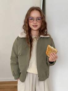 Dazy Kids Turn-Down Collar Contrast Color Thick Autumn/Winter Long Sleeve Cute Girls (Large) Cotton Padded Coat - Army Green - View 8