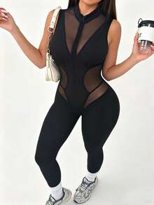 Gameset SHEIN Sport Damen einfarbiger Mesh-Patchwork Reißverschluss-Vorder Ärmelloser Sportanzug - Schwarz - Übersicht 3