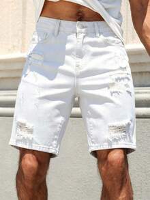 Manfinity Homme Men's Spring Summer Street Style Casual Distressed Ripped Straight Leg White Denim Shorts - White - View 4