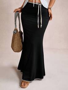 Freevana Elegant Shell Flower Craft Contrast Color Plus Size Women's Black Mermaid Tail Skirt, Black Skirt - Multicolor - View 6