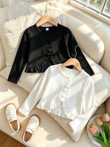 Tween Girls Beige Solid Color And Black Color Long Sleeve Frill Trim Casual Zip Up Jacket, Fall, Minimalist, Back To School, For Girls, Outfit - White - View 1