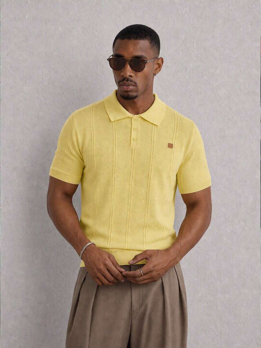 Manfinity VCAY Men's Knitted Stretch Slim Fit Short Sleeve Polo Shirt, Suitable For Summer And Daily Wear - Yellow - View 1