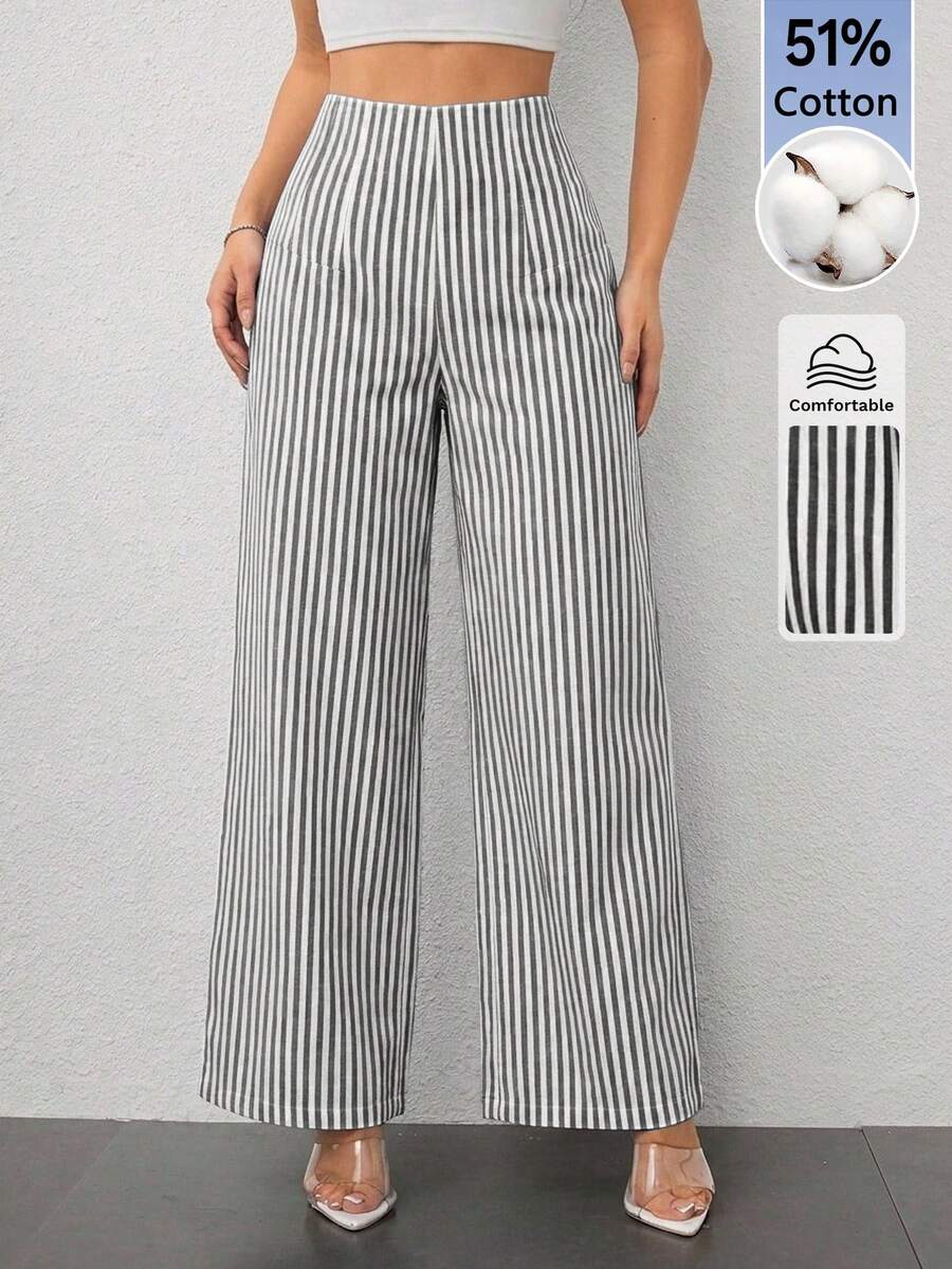 SHEIN PETITE 女款極簡休閒時尚返校季復古條紋高腰紋理寬腿長褲 - 黑與白 - 查看 1