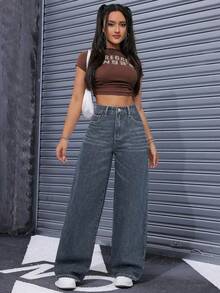 SHEIN 女士宽松口袋阔腿休闲牛仔裤 - 藍色 - 查看 4
