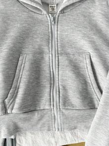 SHEIN LMoss Kids 青少年女孩休閒舒適街頭風寬鬆連帽拉鍊短版夾克運動衫，秋冬返校穿搭 - 淺灰色 - 查看 5