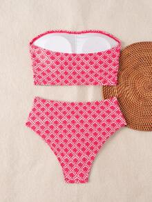 Swim Vcay 女款純色平口比基尼套裝，雙側抓皺設計，海灘夏季穿搭 - 紅色 - 查看 3