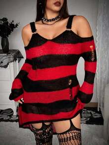 Whyspr 加大码垃圾朋克万圣节条纹图案圆环装饰破洞长袖套头衫红色毛衣 Y2k 毛衣针织套头衫秋冬秋季 - 酒紅色 - 查看 5