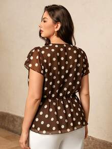 Juhart Plus Size V-Neck Sleeveless Polka Dot Front Tie Blouse - Coffee Brown - View 2