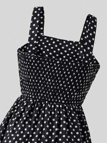 SHEIN 2件組女款青少年韓系溫柔風校園休閒通勤春秋套裝，前綁帶針織開襟衫搭配波點細肩帶中長洋裝 - 黑與白 - 查看 4