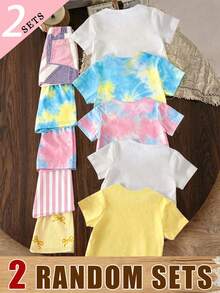 SHEIN Sparklyn (2 Random Item From 5) Girls Fashionable Fresh Tie-Dye Shiny Bowknot Floral Lemon Letter Print Basic Short T-Shirt And Shorts Set - Multicolor - View 2