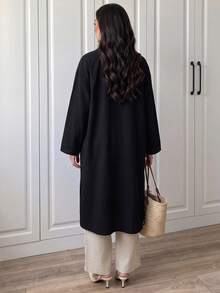 Elenzga 黑色紋理亞麻長袖和服襯衫，V領自然邊前開襟鈕扣外罩衫，休閒端莊波希米亞風 100% 純棉 秋冬款 - 黑色 - 查看 4