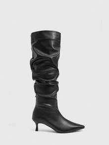 CUCCOO SZL Stivali da donna con punta nera in pelle morbida con tacco kitten e stivali da donna al ginocchio eleganti semplici da pendolare sexy per occasioni di festa & Natale autunno inverno stivali alti da donna - Pelle nera morbida - Visualizzare 4