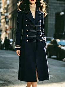 SHEIN Autumn/Winter Thick Navy Blue Wool Pocket Double-Breasted Long Sleeve Loose Casual Navy Style Wool Coat For Office And Outdoor - Navy Blue - View 5