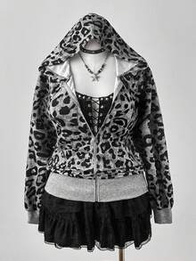 Sunspun Plus Size Women Casual Leopard Print Ribbed Zip-Up Sweatshirt Fall Cloth For Women Winter Autumn - Multicolor - View 1