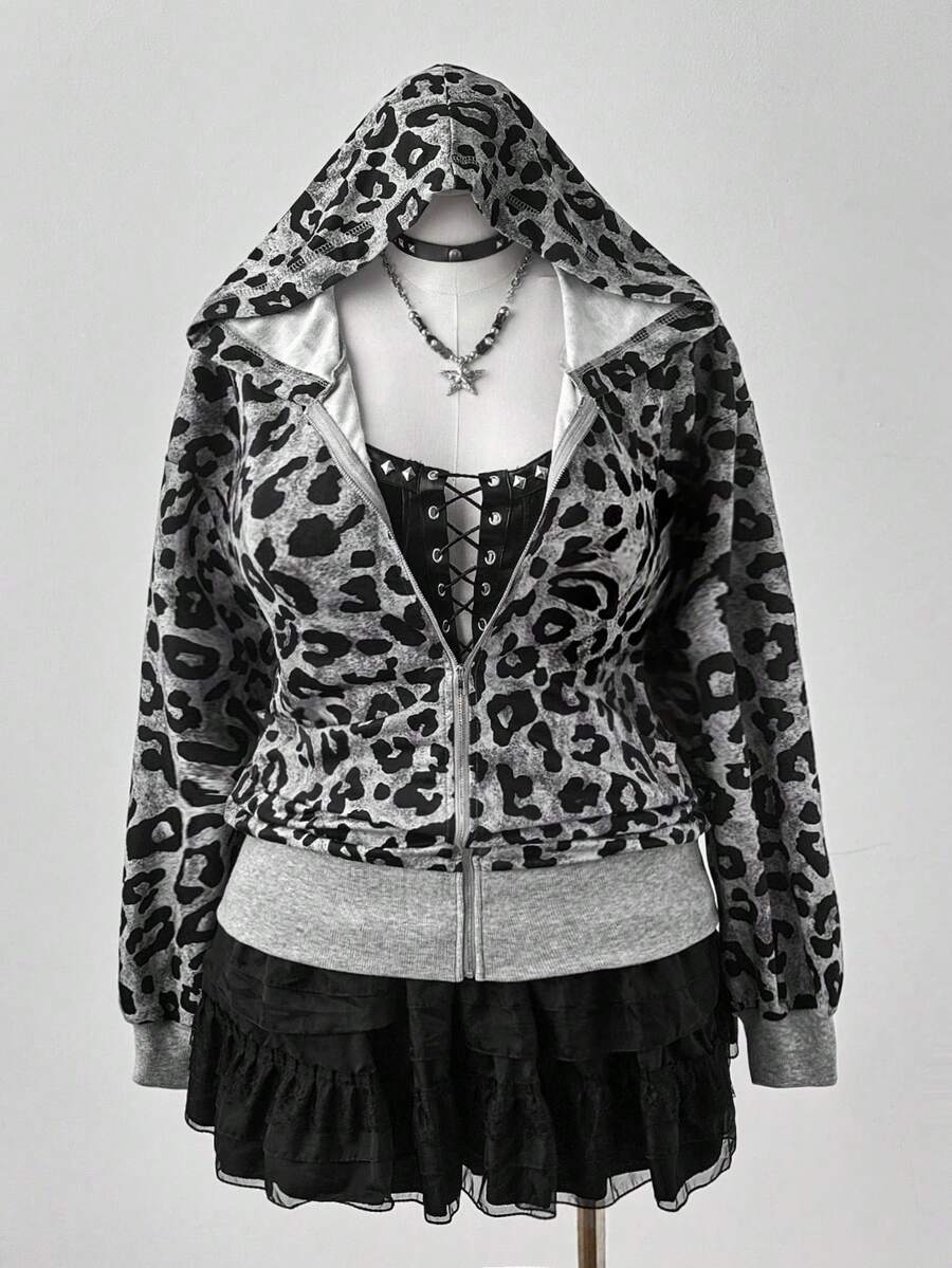 Sunspun Plus Size Women Casual Leopard Print Ribbed Zip-Up Sweatshirt Fall Cloth For Women Winter Autumn - Multicolor - View 1