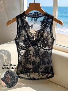 SHEIN Franclia 女士时尚优雅性感日常无袖V领蕾丝半透明吊带背心，度假性感吊带背心 - 黑色 - 查看 1