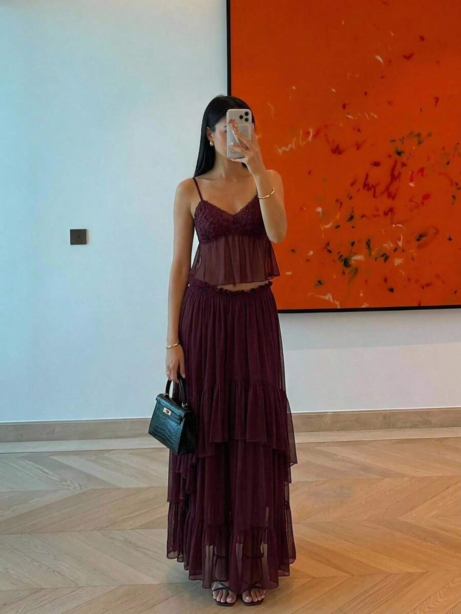 Aloruh Women's Elegant Purple-Red Knit Set, Bohemian Romantic Camisole Top + Skirt 2-Piece Set, Suitable For Commuting And Dating,Y2K,Summer 2pcs.Beach,Boho