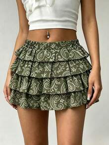 Rina Fox Falda de estilo pastel con estampado integral y volantes abullonados en el bajo para mujer, primavera/verano - Verde - Ver 4