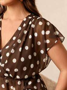 Juhart Plus Size V-Neck Sleeveless Polka Dot Front Tie Blouse - Coffee Brown - View 5