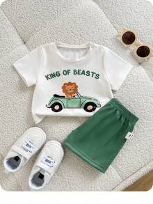 Newborn Baby Cute Knitted Cartoon Pattern Short Sleeve T-Shirt & Shorts Set - Apricot - View 4