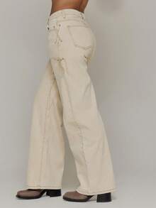 MUSERA Washed Eyelet Tie High Waist Denim Jeans Only Summer Sexy Going Out Party Holiday Festival Rave - Khaki - View 3