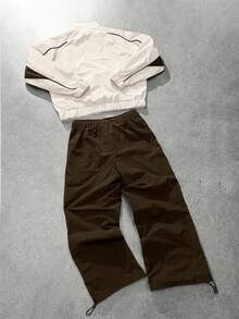 ÉpureWay 2pcs Men's Vintage Style Tracksuit Set, Stand Collar Jacket And Beige Chocolate Brown Pants, Color Block, Unique Bright Design, Streetwear Beach Fall - Coffee Brown - View 2