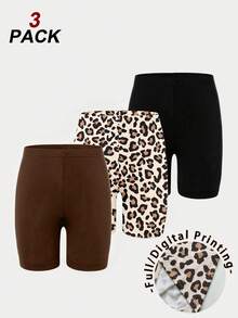 3pcs/Set Celana Pendek Sepeda Anak Perempuan Musim Semi/Panas/Gugur Kasual Modis Motif Leopard & Warna Polos, Nyaman untuk Dipakai Sehari-hari - MultiWarna - View 3