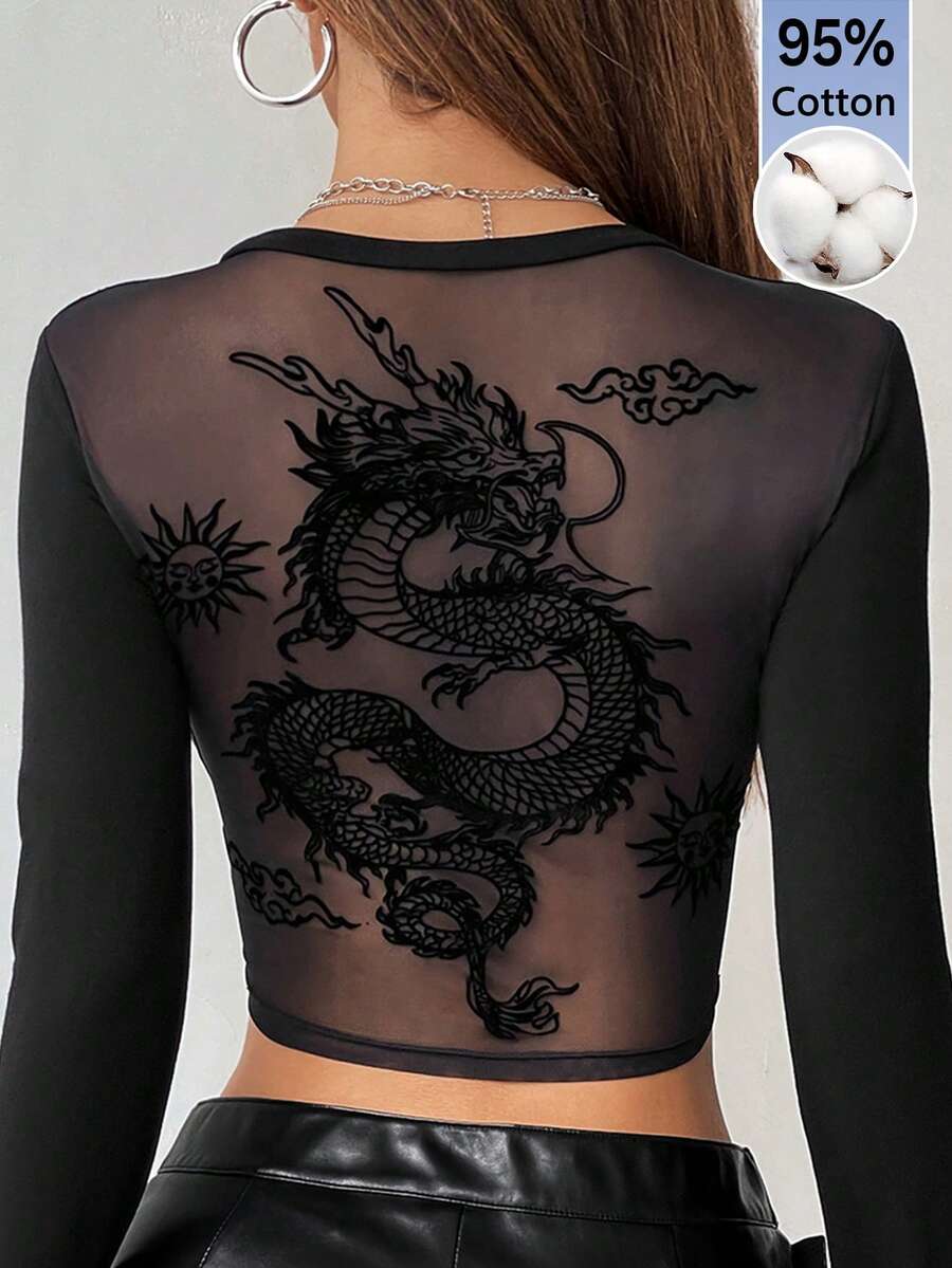 SHEIN X YERIMUA SHEIN ICON 秋季女款萬聖節黑色哥德風純色長袖中國龍網紗露背Y2K外出上衣 - 黑色 - 查看 1