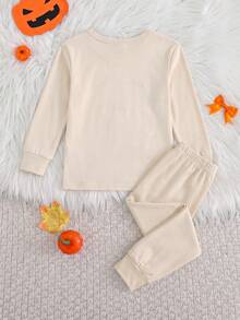 SHEIN 2套女嬰豹紋愛心圖案舒適可愛圓領長袖緊身居家休閒褲裝套裝 - 杏色 - 查看 2