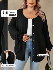 SHEIN CURVE+ Plus Size Women's Solid Color Raglan Sleeve Long Sleeve Casual Loose Knit Cardigan, Autumn/Winter - Black - View 1