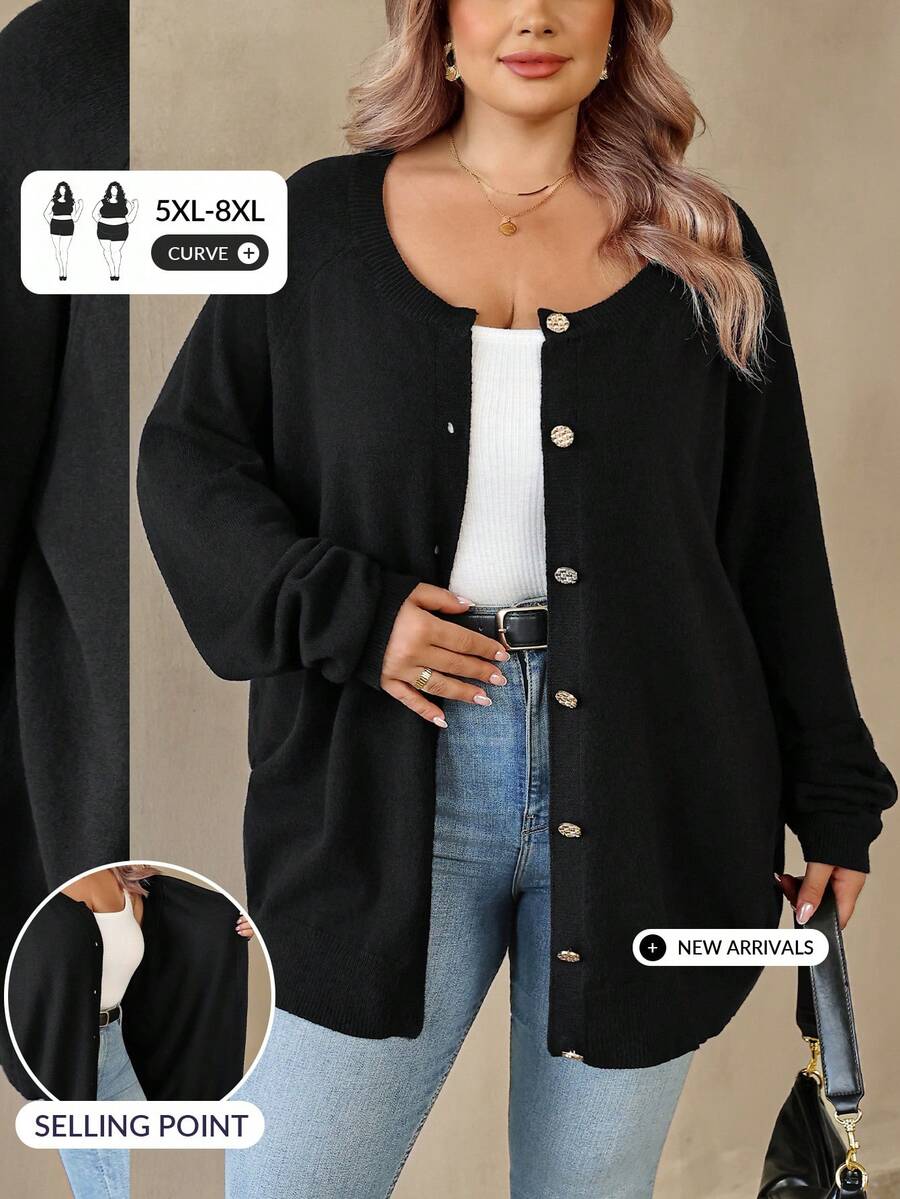 SHEIN CURVE+ Plus Size Women's Solid Color Raglan Sleeve Long Sleeve Casual Loose Knit Cardigan, Autumn/Winter - Black - View 1
