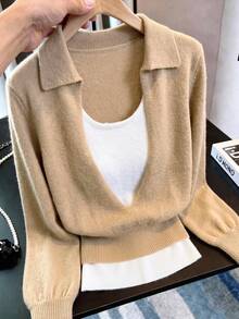 GlowEve Women's Deep V-Neck Lapel 2 In 1 Patchwork Lantern Long Sleeve Ribbed Cuffed Hem Sweater Brunch Office Camel White Autumn Casual - Multicolor - View 1