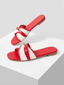 MOTF LADIES SWEET COLOUR MATCHING BUCKLE RED FLAT SANDALS - Red - View 8