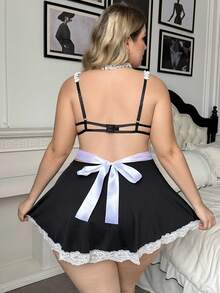 Fantasy Costume/3pcs Plus Size Minimalist Sexy Style Lace Trim Maid Dress Apron Choker Plus Size Lingerie - Black and White - View 2