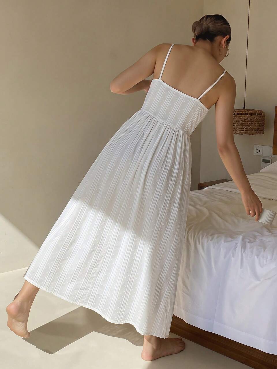 Textured Fabric Lace Patchwork V-Neck Sleeveless Cinched Waist Dress, Summer Women Nightgown