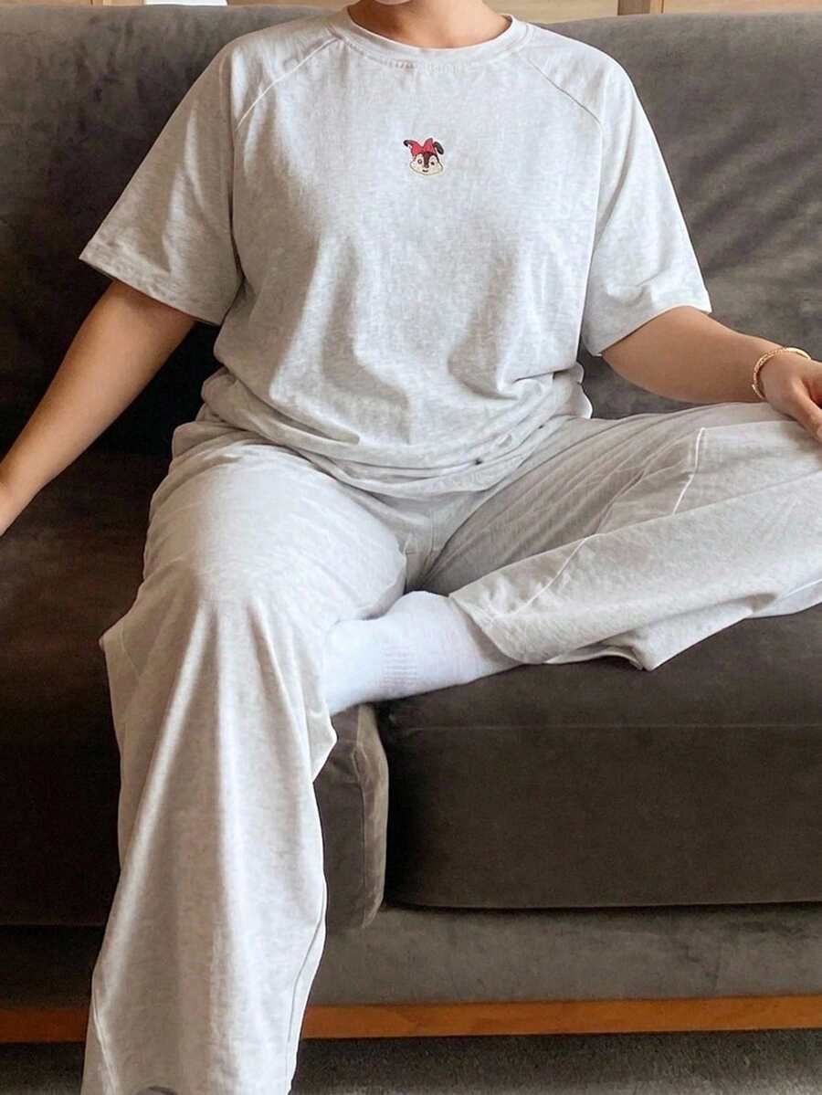Dazy Plus Simple Cute Cartoon Print Raglan Sleeve Loose Fit Home Wear Plus Size Women Pajama Set Spring Summer - Light Grey - View 1