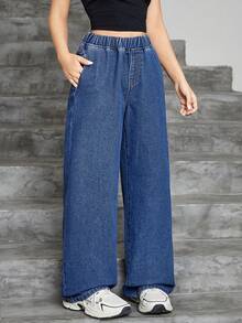 SHEIN Celana Jeans Lurus Longgar Polos untuk Remaja Perempuan, Gaya Jalanan Y2K untuk Kembali ke Sekolah dan Liburan Musim Panas - Medium Wash - View 3