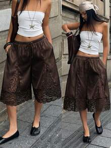 Coolane Pantalones cómodos de mujer con entrepierna marrón, encaje en contraste, para primavera/verano, conciertos, rave, festivales, salidas, feria renacentista, club y fiestas - Café integral - Ver 5