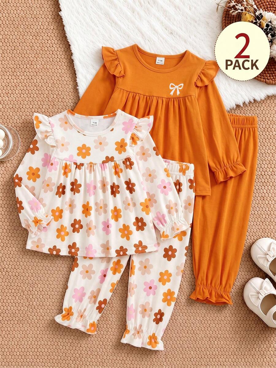 SHEIN Vintaside Kids 2 Sets Baby Girl Spring/Autumn Outfit, Solid Color & Pattern All-Over Print Round Neck Long Sleeve Ruffle Shoulder Design With Long Pants, Floral All-Over Print Round Neck Long Sleeve Ruffle Shoulder Design With Long Pants, 4-Piece Set, Comfortable Casual Cute Style - Orange - View 1