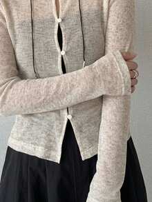 FRIFUL Women's Casual Versatile Solid Color Front Button Top Long Sleeve - Apricot - View 1