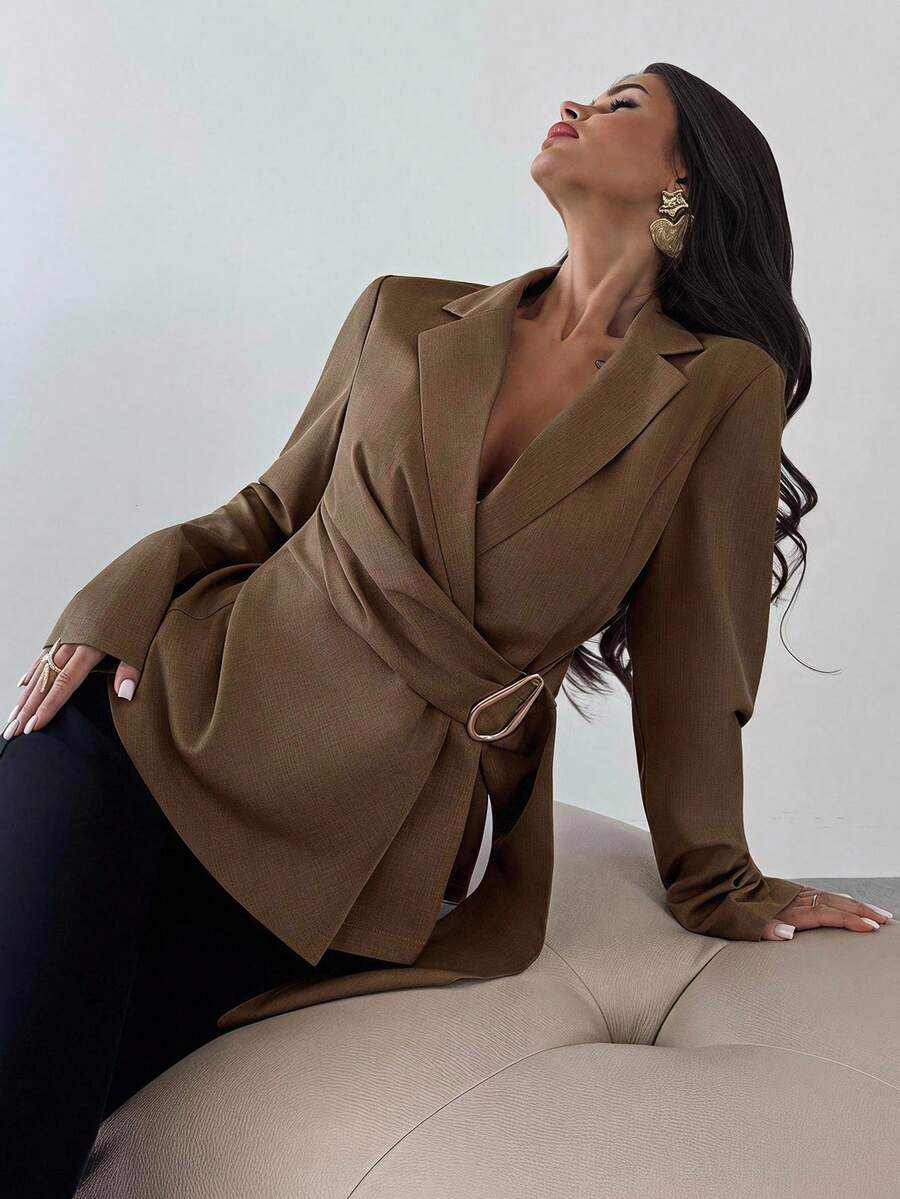 Firerie Women's Metal Decoration Coffee Brown Imitation Linen Waist Suit Jacket Business Office Fall Casual Elegant - Coffee Brown - View 1