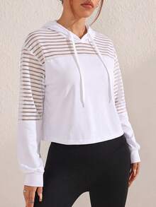 Streetz SHEIN Sport Color Block Striped Cropped Sweatshirt Patchwork Striped Fabric On Shoulder And Upper Sleeves, Solid Fro - White - View 4
